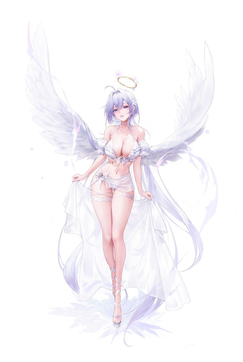 1girl absurdres ahoge angel bare_shoulders bikini breasts cleavage detached_sleeves dora_(garyeong) earrings feathered_wings flower full_body hair_between_eyes hair_flower hair_intakes hair_ornament halo high_heels highres holding holding_towel jewelry large_breasts legs_together long_hair looking_at_viewer low_ponytail navel open_mouth original purple_eyes red_lips sandals short_sleeves sidelocks simple_background solo stomach swimsuit teeth thick_thighs thigh_gap thighs towel very_long_hair white_background white_bikini white_footwear white_hair white_sleeves white_towel white_wings wings