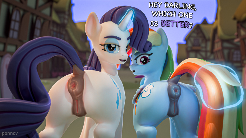 3d_(artwork) anatomically_correct anus big_anus blender_(software) butt comparison dialogue digital_media_(artwork) dock_(anatomy) duo equid equine eyeshadow female female/female feral friendship_is_magic genitals hasbro hi_res horn horse looking_at_viewer looking_back looking_back_at_viewer magic magic_aura makeup mammal my_little_pony mythological_creature mythological_equine mythology nude open_mouth pegasus ponnov pony presenting presenting_anus presenting_hindquarters presenting_pussy puffy_anus pussy rainbow_dash_(mlp) rarity_(mlp) tail talking_to_viewer telekinesis unicorn wings