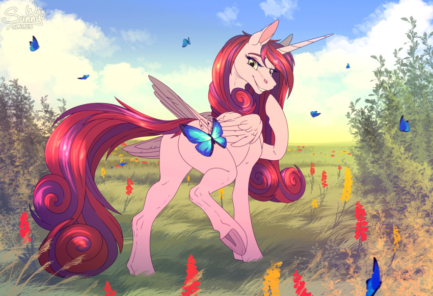 art_reward arthropod butterfly digital_media_(artwork) equid equine field flower friendship_is_magic hasbro hi_res hooves horn horse insect invalid_tag lepidopteran mammal my_little_pony mythological_creature mythological_equine mythology plant pony princess_cadance_(mlp) reward shy sky smile solo sunny_way unicorn winged_unicorn wings