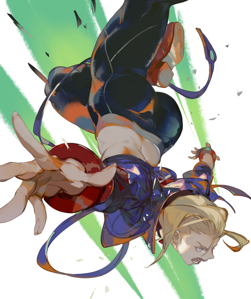 1girl battle black_pants blonde_hair blue_eyes blue_jacket cammy_white crop_top cropped_jacket falling highres jacket lucaxu1991 midair open_mouth outstretched_arms pants red_footwear simple_background solo spread_fingers street_fighter white_background