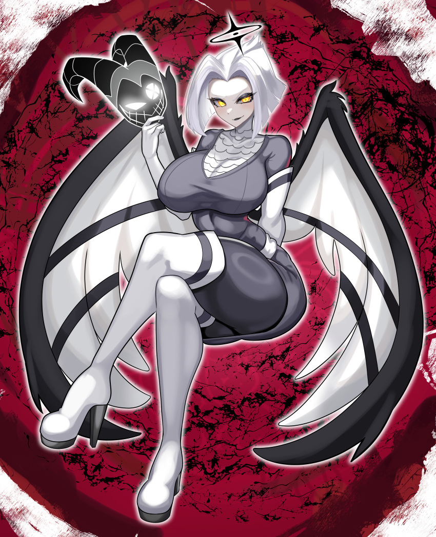 1girl absurdres angel angel_wings animification asymmetrical_eyes black_halo breasts colored_skin crossed_legs elbow_gloves gloves glowing glowing_eyes glowing_halo grey_hair grey_wings halo hazbin_hotel highres horned_mask horns large_breasts looking_at_viewer lute_(hazbin_hotel) mask nez-box short_hair smile solo thighhighs two-tone_wings white_hair white_skin wings yellow_eyes