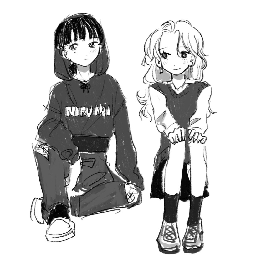 2girls blunt_bangs earrings greyscale hands_on_own_knees highres hood hood_up hoop_earrings jewelry kininatteru_hito_ga_otoko_ja_nakatta koga_mitsuki long_hair mole mole_under_eye monochrome multiple_girls nirvana_(band) oosawa_aya shoes sitting sneakers sweater_vest tied_hoodie_strings wavy_hair white_background y4ntaoist