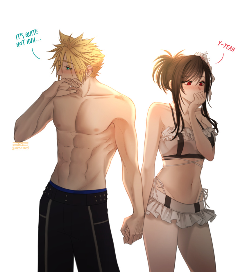 1boy 1girl abs absurdres azezazel bare_arms bare_shoulders bikini black_hair black_shorts blonde_hair blue_eyes blush breasts cloud_strife collarbone commentary couple cowboy_shot earrings embarrassed english_commentary english_text final_fantasy final_fantasy_vii final_fantasy_vii_rebirth final_fantasy_vii_remake flower frilled_bikini frills hair_flower hair_ornament halterneck hand_on_own_face hand_to_own_mouth highleg highleg_bikini highres holding_hands jewelry large_breasts long_hair muscular muscular_male navel official_alternate_costume official_alternate_hairstyle red_eyes short_hair shorts side-tie_bikini_bottom sidelocks signature simple_background spiked_hair stomach stud_earrings swept_bangs swimsuit tifa_lockhart topless_male twitter_username white_background