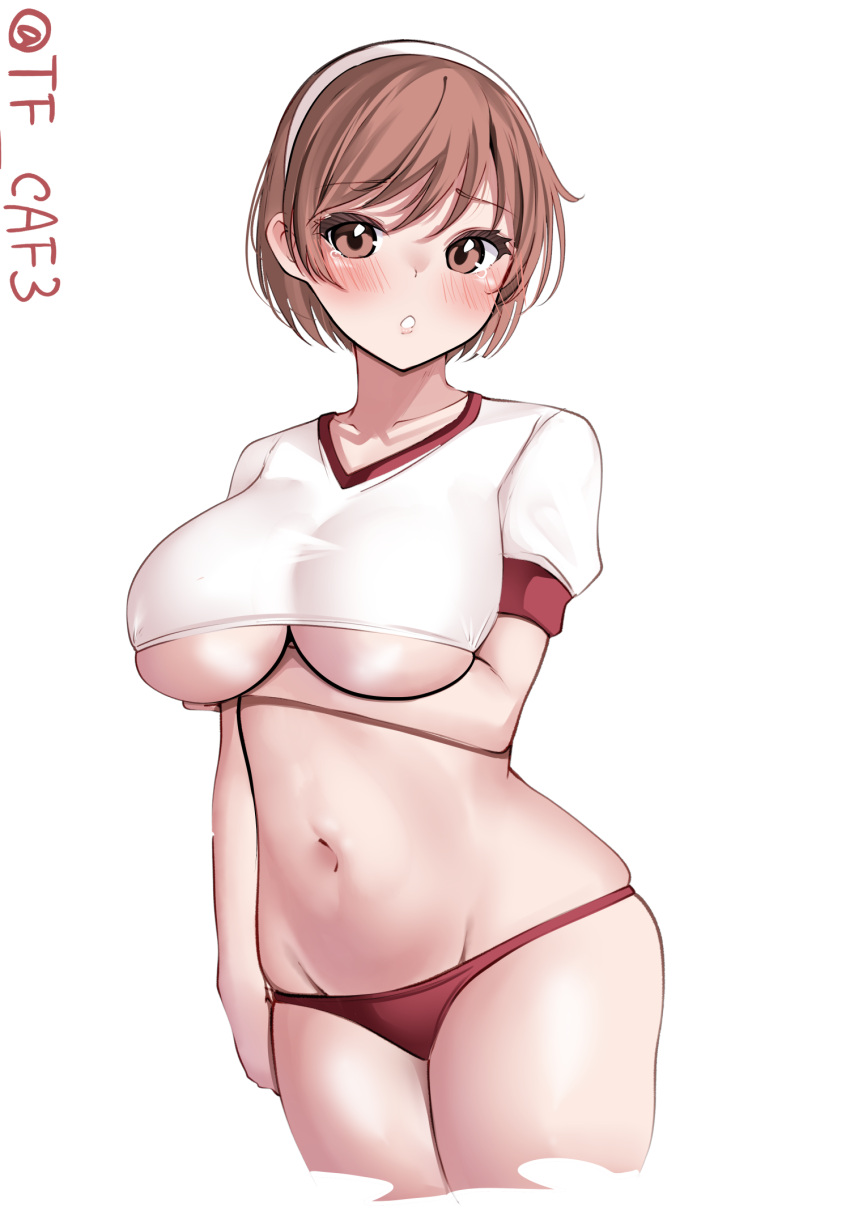 1girl arm_under_breasts blush breasts brown_eyes brown_hair buruma cowboy_shot cropped_shirt groin gym_shirt gym_uniform hairband highres kantai_collection large_breasts looking_at_viewer natori_(kancolle) open_mouth parted_lips puffy_short_sleeves puffy_sleeves red_buruma shirt short_hair short_sleeves solo tearing_up tf_cafe thighhighs twitter_username underboob white_background white_hairband white_shirt white_thighhighs