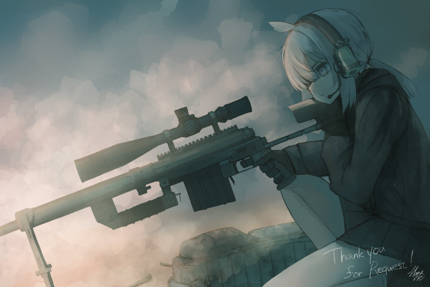 1girl aiming backpack bag black_gloves black_jacket black_skirt bolt_action cheytac_m200 commission ear_protection expressionless finger_on_trigger girls'_frontline gloves grey_hair gun highres holding holding_gun holding_weapon jacket m200_(girls'_frontline) medium_hair origumi pleated_skirt purple_eyes rifle scope serious short_ponytail skeb_commission skirt sniper_rifle solo unworn_backpack unworn_bag weapon