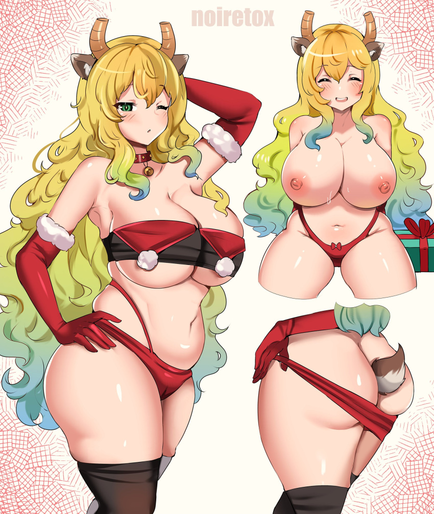 animal_humanoid areola bell bell_collar belly big_breasts big_butt blonde_hair blue_hair bra breasts butt camel_toe christmas cleavage clothed clothing collar dragon dragon_humanoid eyes_closed fake_ears fake_tail female gift green_eyes green_hair hair hi_res holidays horn horned_humanoid huge_breasts humanoid long_hair looking_at_viewer miss_kobayashi's_dragon_maid multicolored_hair mythological_creature mythological_scalie mythology navel nipples noiretox one_eye_closed open_mouth panties quetzalcoatl_(dragon_maid) rear_view reindeer_outfit scalie signature slightly_chubby slightly_chubby_female slightly_chubby_humanoid smile solo teeth text thick_thighs under_boob underwear watermark