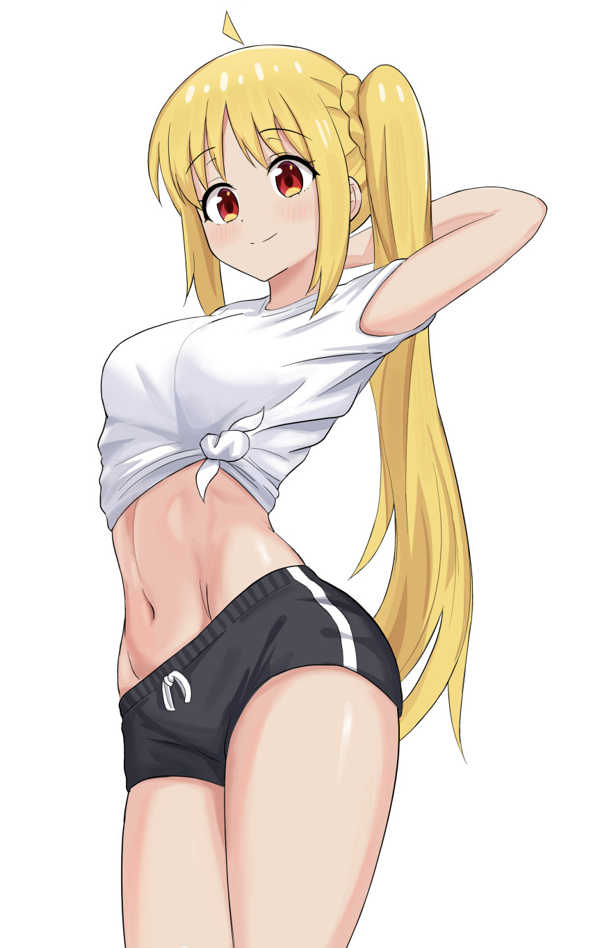 1girl absurdres ahoge arm_behind_back black_shorts blonde_hair bocchi_the_rock! breasts commentary cowboy_shot detached_ahoge english_commentary highres ijichi_nijika kurofuro long_hair looking_at_viewer medium_breasts navel red_eyes shirt short_sleeves shorts side_ponytail smile solo standing stomach thighs tied_shirt toned white_background white_shirt