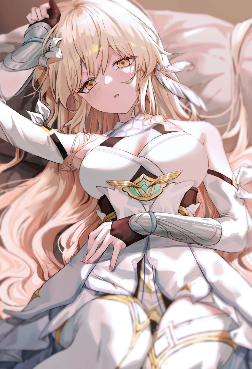 1girl absurdres alternate_hair_length alternate_hairstyle arm_up blonde_hair blush breasts commentary dress flower genshin_impact gloves hair_between_eyes hair_flower hair_ornament highres long_hair looking_at_viewer lumine_(genshin_impact) lying medium_breasts open_mouth sidelocks solo ueng very_long_hair white_dress white_flower yellow_eyes