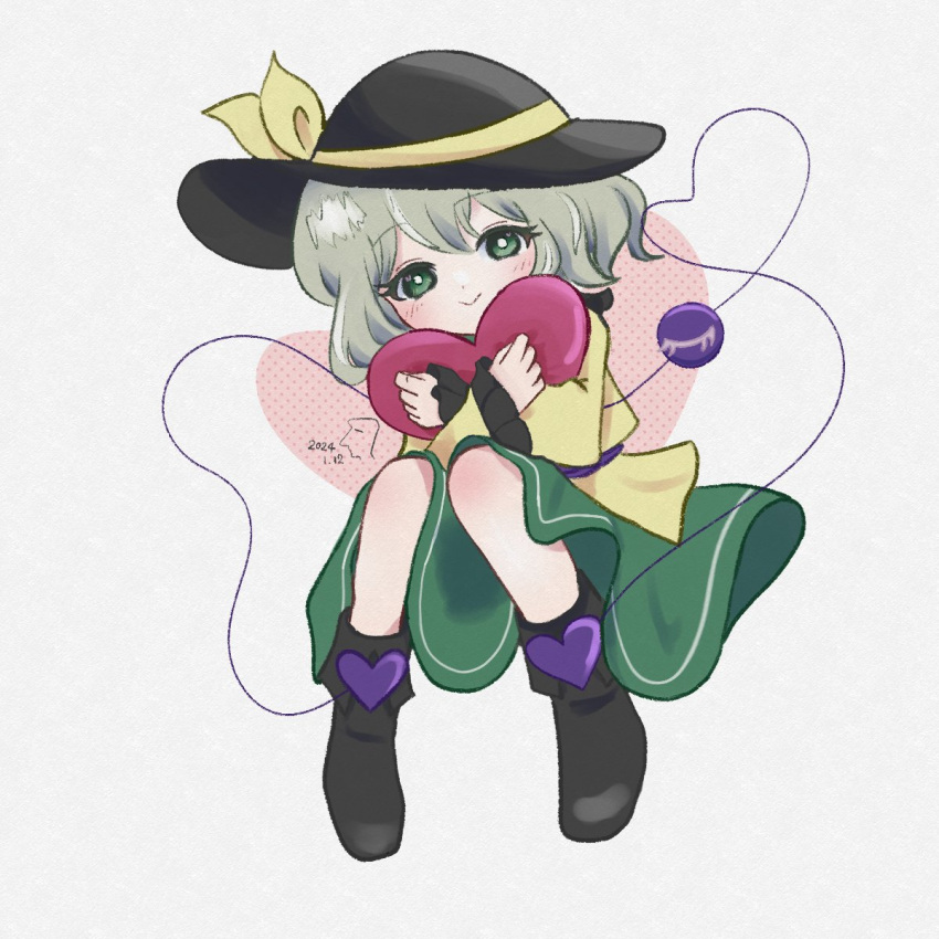 1girl black_footwear black_headwear blouse bow eyeball frilled_shirt_collar frilled_sleeves frills green_eyes green_hair green_skirt hat hat_bow hat_ribbon heart highres komeiji_koishi moaixiang59173 ribbon shirt skirt smile solo third_eye touhou wide_sleeves yellow_bow yellow_ribbon yellow_shirt