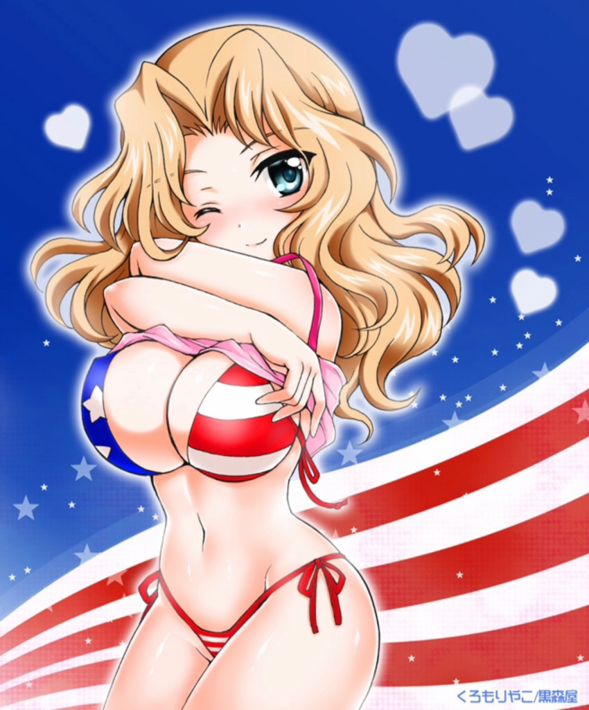 1girl american_flag american_flag_bikini bikini blonde_hair blue_eyes breasts camisole cleavage closed_mouth clothes_lift cowboy_shot flag_background flag_print girls_und_panzer hair_intakes highres kay_(girls_und_panzer) kuromori_yako large_breasts long_hair looking_at_viewer navel no_pants one_eye_closed pink_shirt revision shirt shirt_lift side-tie_bikini_bottom smile solo standing stomach swimsuit