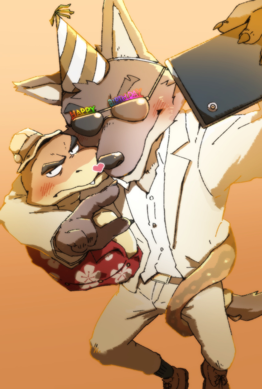 4_fingers aloha_shirt annoyed anthro belt black_clothing black_footwear black_nose black_socks blush blush_lines bottomwear brown_body brown_clothing brown_footwear brown_fur brown_shoes canid canine canis cellphone claws clothed clothing coiling coiling_around_body digital_media_(artwork) dreamworks dress_shirt duo electronics embrace eyewear fangs festive_clothing fingers fishing_hat footwear front_view fur furrowed_brow glasses happy_birthday hat headgear headwear heart_symbol hi_res high-angle_view holding_cellphone holding_object holding_phone male male/male mammal mr._snake_(the_bad_guys) mr._wolf_(the_bad_guys) pants party_hat pattern_clothing pattern_shirt pattern_topwear phone reptile romantic romantic_couple scalie selfie shinki_k shirt shoes simple_background smile snake socks sunglasses taking_picture tan_bottomwear tan_clothing tan_pants tan_topwear tan_vest teeth the_bad_guys topwear vest white_clothing white_shirt white_topwear wolf yellow_background