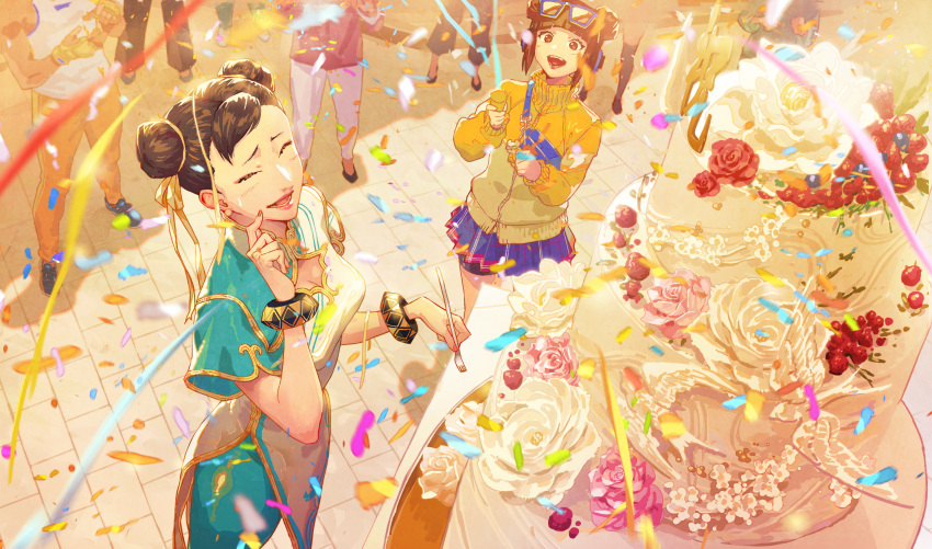 absurdres birthday birthday_cake blue_pants bracelet cake chinese_clothes chun-li confetti double_bun eyewear_on_head food fork hair_bun hair_ribbon happy highres holding holding_fork jacket jewelry li-fen miniskirt official_art pants party party_popper player_character_(street_fighter_6) ribbon shorts shorts_under_skirt skirt smile streamers street_fighter street_fighter_6 yellow_ribbon