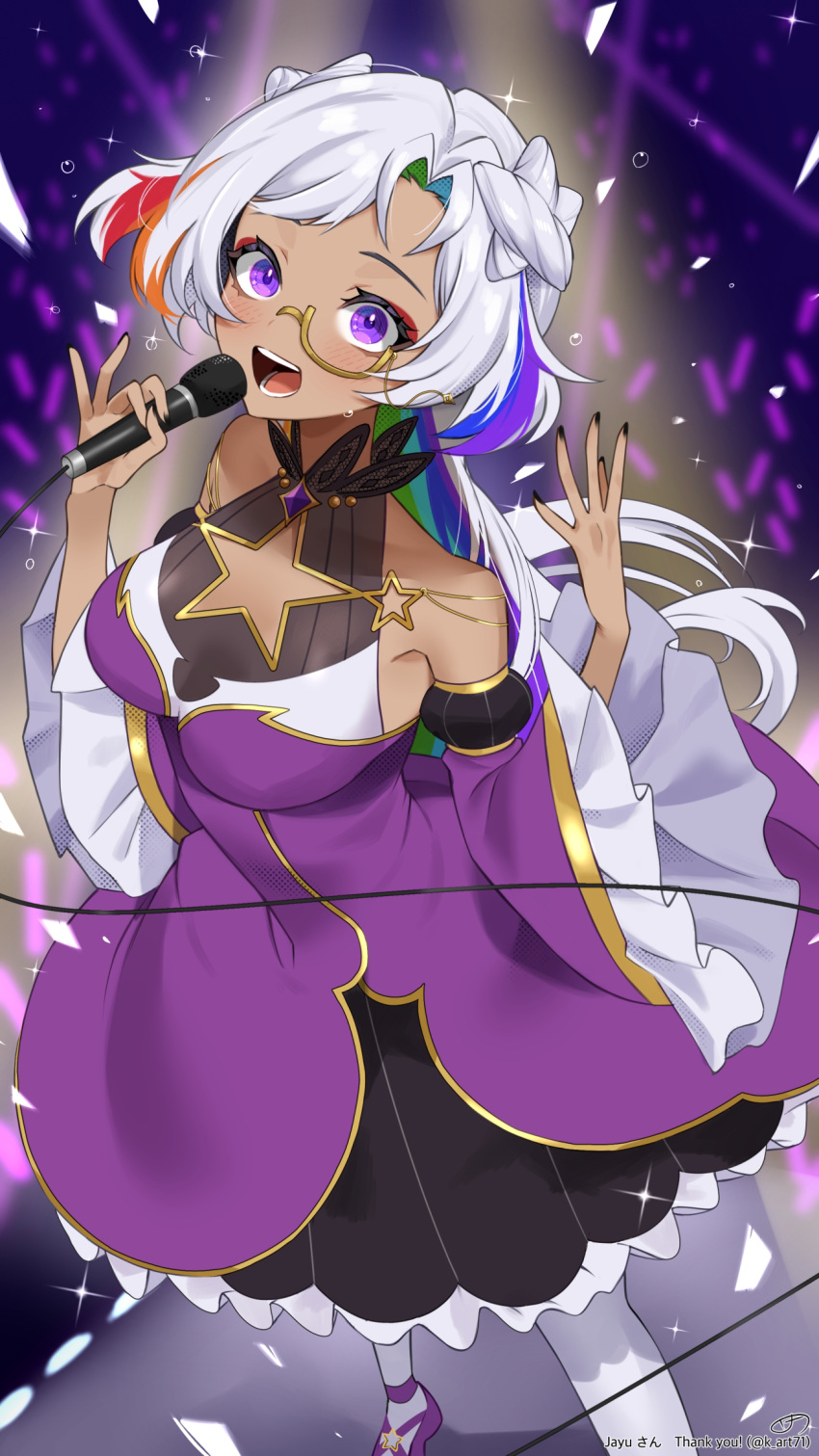 1girl black_nails breasts colored_inner_hair cone_hair_bun dark-skinned_female dark_skin detached_sleeves dress frilled_sleeves frills gold_trim grey_hair hair_bun highres holding holding_microphone idol idol_clothes indie_virtual_youtuber jayu_hime k_(art71) microphone monocle multicolored_hair open_mouth purple_brooch purple_dress purple_eyes purple_footwear purple_sleeves rainbow_hair sleeveless sleeveless_dress solo star_(symbol) star_cutout star_in_eye streaked_hair symbol_in_eye thank_you thighhighs twitter_username virtual_youtuber white_thighhighs wide_sleeves