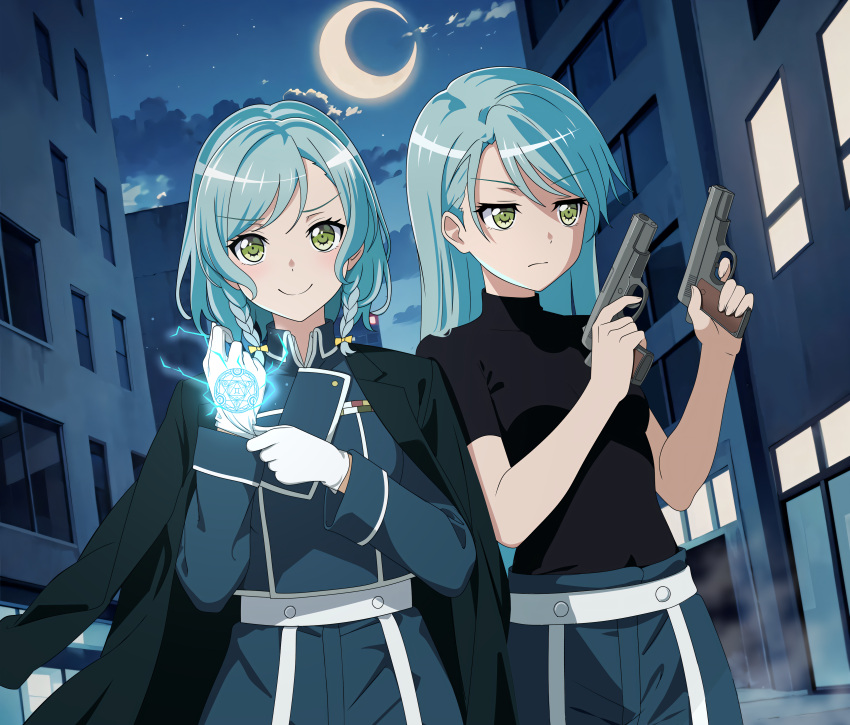 2girls absurdres amestris_military_uniform aqua_hair bang_dream! black_shirt blue_jacket blue_pants bow braid breasts building cloud coat commission cosplay crescent_moon dual_wielding english_commentary fries_vanquisher fullmetal_alchemist gloves green_eyes gun hair_bow handgun highres hikawa_hina hikawa_sayo holding jacket long_hair looking_at_viewer medium_hair military_jacket moon multiple_girls night night_sky outdoors pants pixiv_commission riza_hawkeye riza_hawkeye_(cosplay) roy_mustang roy_mustang_(cosplay) serious shirt siblings sisters sky smile turtleneck twin_braids twins weapon white_gloves yellow_bow