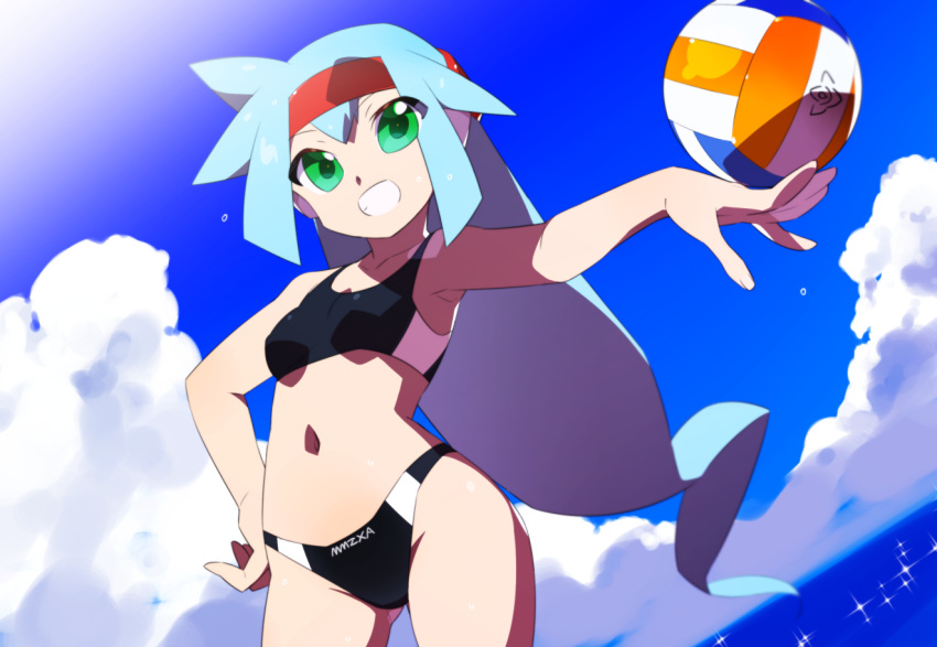 1girl alternate_costume alternate_hairstyle ashe_(mega_man) ball bikini black_bikini blue_hair breasts cloud commentary_request commission green_eyes holding holding_ball kaidou_zx long_hair mega_man_(series) mega_man_zx mega_man_zx_advent navel ocean open_clothes open_fly pixiv_commission short_hair sky small_breasts sports_bikini swimsuit swimsuit_under_clothes variant_set volleyball_(object) water