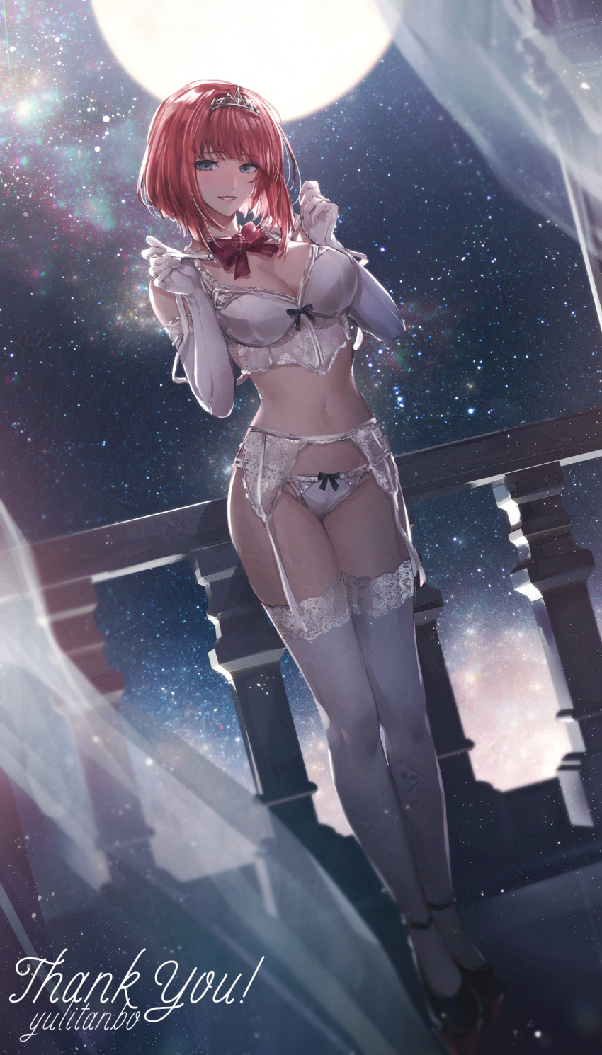 1girl alternate_costume ark_royal_(kancolle) backlighting black_footwear blue_eyes blurry bow bowtie bra breasts cleavage commission corset depth_of_field dutch_angle elbow_gloves full_body full_moon garter_belt gloves grin hands_up highres kantai_collection large_breasts lingerie looking_at_viewer moon navel night night_sky panties platform_footwear pulled_by_self red_hair shoes short_hair skeb_commission sky smile solo spaghetti_strap standing star_(sky) starry_sky stomach thighhighs thighs tiara underwear underwear_only white_bra white_gloves white_panties white_thighhighs yuli_(yulipo)