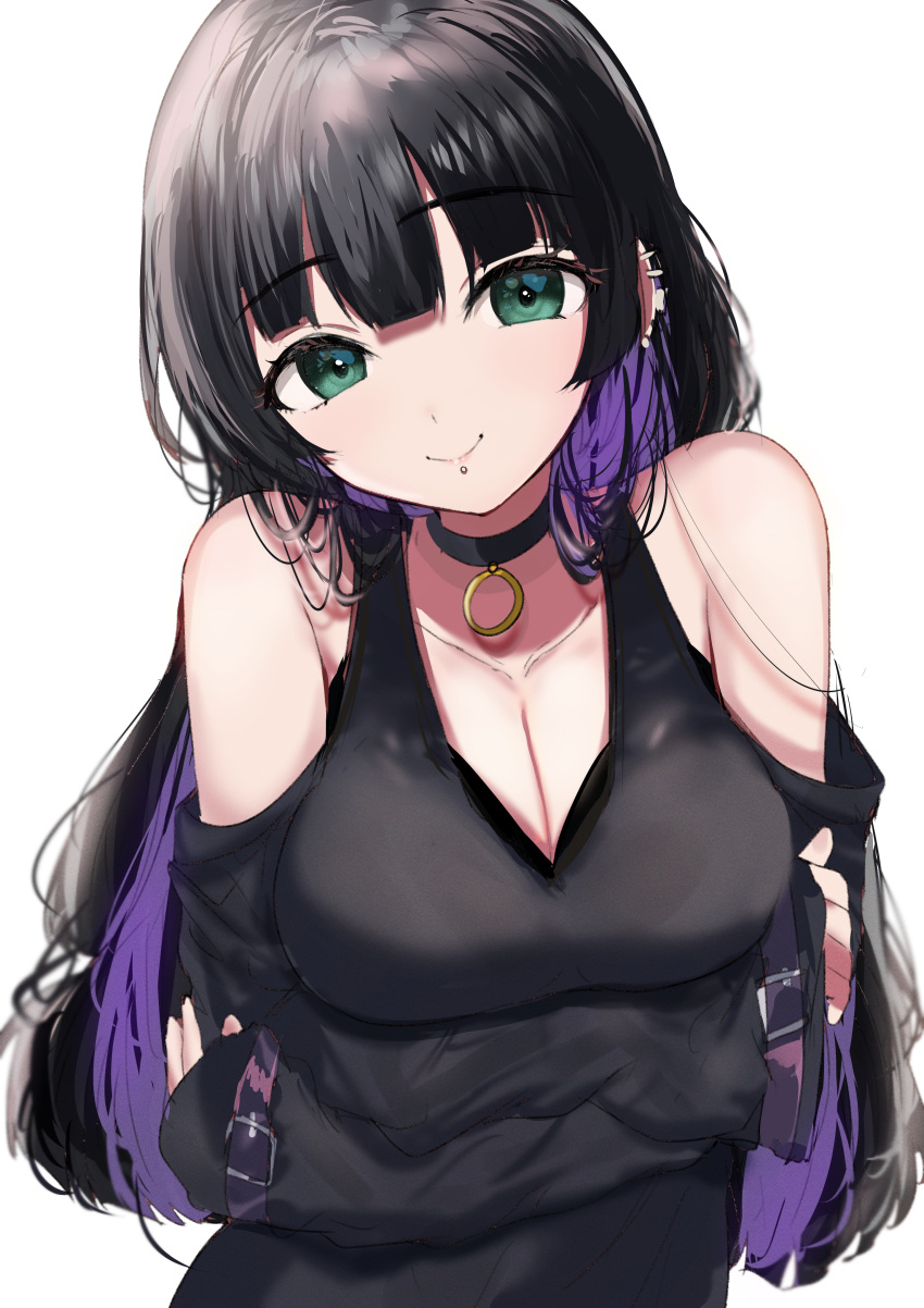 1girl absurdres arm_under_breasts belt black_choker black_dress black_hair blunt_bangs bocchi_the_rock! bra bra_peek breasts center-flap_bangs chin_piercing choker cleavage colored_inner_hair commentary crossed_arms dress ear_piercing green_eyes highres hime_cut large_breasts long_hair long_sleeves looking_at_viewer multicolored_hair off_shoulder pa-san piercing purple_hair simple_background smile solo sunya_(honorin-yuunibo) underwear