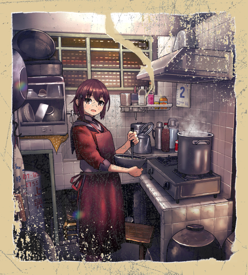 1girl apron brown_eyes brown_hair cooking cooking_pot grey_sailor_collar hair_ornament highres indoors kantai_collection kitchen ladle looking_at_viewer mixing_bowl open_mouth photo_(object) red_apron red_shirt sailor_collar shirt short_hair sink solo standing stove tan_yang_(kancolle) tile_wall tiles timmyyen yukikaze_(kancolle)