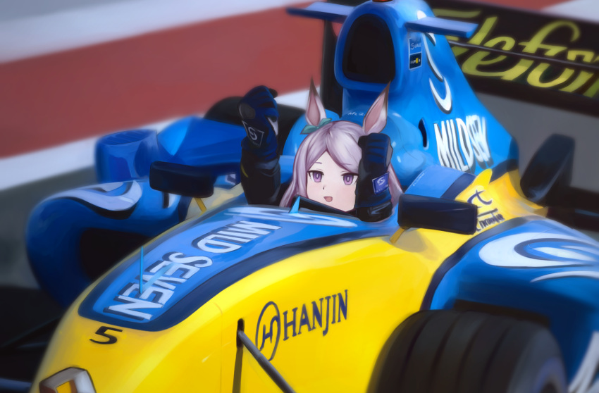 1girl animal_ears balladeluce blue_gloves blush bow car clenched_hands cosplay driving ear_bow fernando_alonso fernando_alonso_(cosplay) formula_one formula_racer gloves green_bow highres horse horse_ears horse_girl looking_up mejiro_mcqueen_(umamusume) motor_vehicle purple_eyes purple_hair race_vehicle racecar racing_suit real_life renault solo spoiler_(automobile) sponsor umamusume vehicle_focus