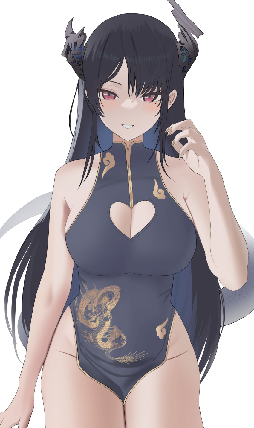 1girl absurdres asymmetrical_horns bare_arms bare_legs bare_shoulders black_hair blue_hair breasts china_dress chinese_clothes cleavage_cutout clothing_cutout colored_inner_hair demon_horns dress highres hololive hololive_english horns large_breasts long_hair looking_at_viewer me0i mole mole_under_eye multicolored_hair nerissa_ravencroft red_eyes simple_background slit_pupils smile solo uneven_horns very_long_hair virtual_youtuber white_background yellow_nails