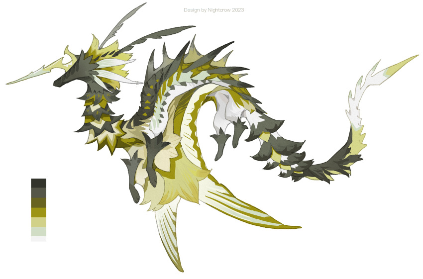 absurdres animal_focus antennae arm_fins artist_name color_guide commentary creature english_commentary fins from_side full_body head_fins highres horns nightcrow no_eyes no_humans no_mouth original profile simple_background single_horn solo tail white_background yellow_horns
