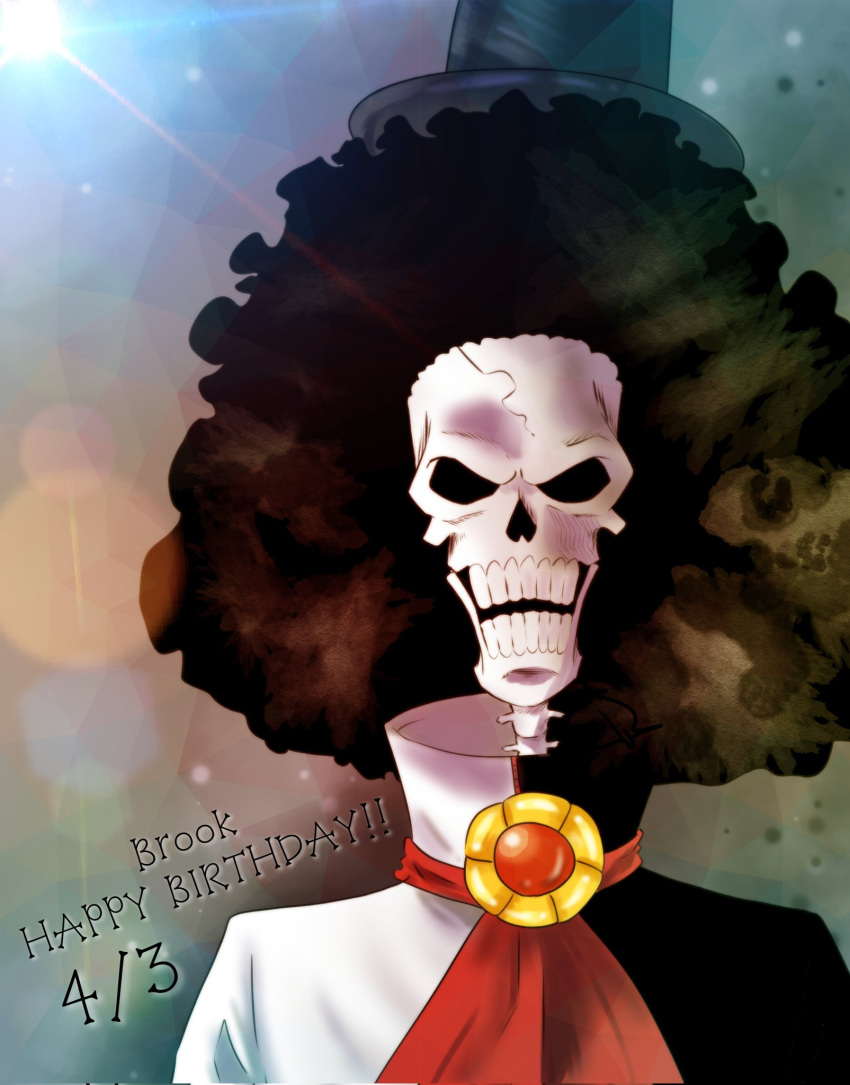 1boy afro ascot black_coat black_hair brook_(one_piece) character_name coat dated detective_0414 happy_birthday hat highres looking_at_viewer male_focus multicolored_coat one_piece red_ascot skeleton solo top_hat two-tone_coat white_coat