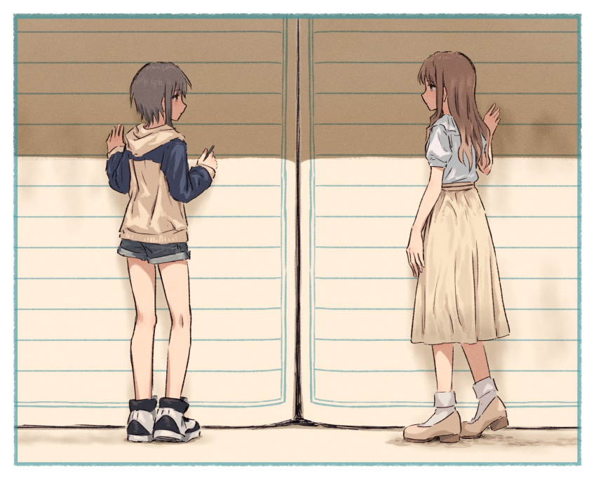 2girls ankle_socks arm_at_side bang_dream! bang_dream!_it's_mygo!!!!! bare_legs blue_eyes border brown_eyes brown_footwear check_commentary commentary_request denim denim_shorts eye_contact frilled_shirt frills furukawa_wanosuke grey_hair hand_on_wall highres holding holding_pen hood hooded_jacket jacket light_brown_hair long_skirt looking_at_another mini_person minigirl multiple_girls nagasaki_soyo notebook pen shirt shorts skirt socks takamatsu_tomori white_border white_footwear white_shirt white_socks