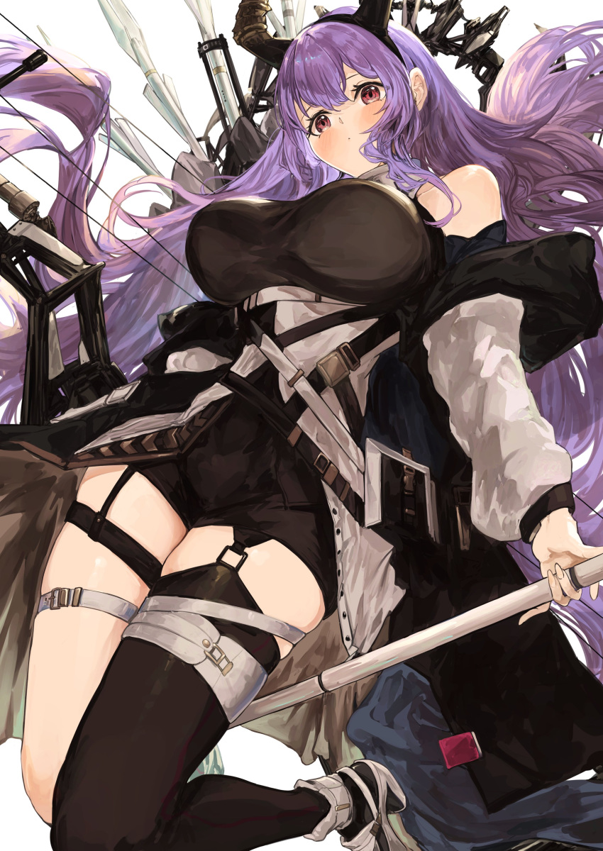 1girl absurdres arknights bare_shoulders black_hairband black_horns black_shirt black_shorts black_thighhighs blush bow_(weapon) breasts compound_bow fake_horns feet_up from_below full_body garter_straps hair_between_eyes hairband highres holding holding_behind_back holding_bow_(weapon) holding_weapon horns huge_breasts jacket kajuu long_hair long_sleeves looking_at_viewer off_shoulder open_clothes open_jacket purple_hair red_eyes shirt shorts sidelocks single_thighhigh sleeveless sleeveless_shirt solo thighhighs typhon_(arknights) weapon white_jacket