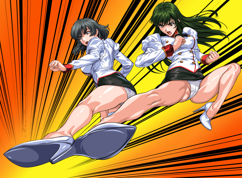 2girls adjutant_(agent_aika) agent_aika aika_(series) ass black_hair breasts brown_eyes buttons cameltoe commentary_request commission crotch_seam delmo_commander delmogeny_uniform drop_kick flying_kick full_body green_hair hanadaka_moai high_heels highres kicking kneepits large_breasts lipstick long_hair makeup microskirt military_uniform motion_lines multiple_girls neckerchief open_mouth panties pixiv_commission short_hair skirt underwear uniform white_delmo white_panties