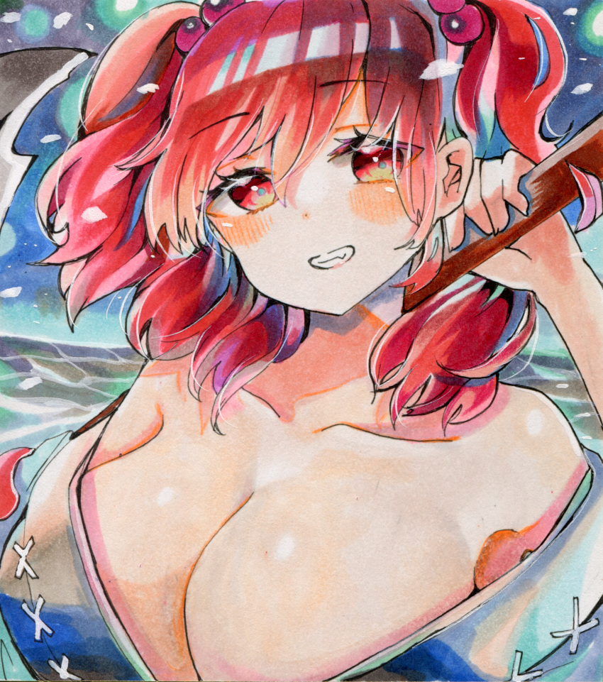 1girl absurdres blush breasts cleavage commentary hair_bobbles hair_ornament highres holding holding_scythe large_breasts looking_at_viewer onozuka_komachi red_eyes red_hair scythe smile solo torajirou_(toraneko_zirou) touhou traditional_media two_side_up upper_body