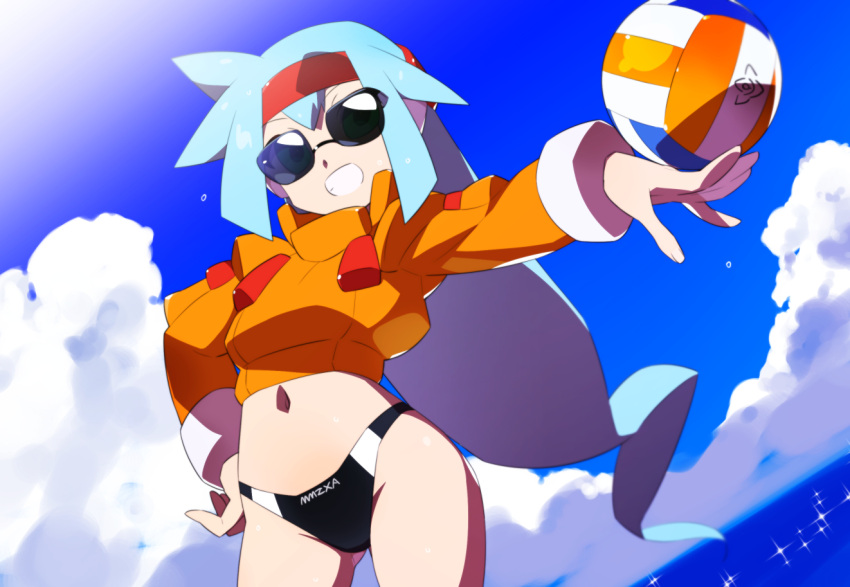 1girl alternate_costume alternate_hairstyle ashe_(mega_man) ball bikini bikini_bottom_only black_bikini blue_hair cloud commentary_request commission crop_top cropped_jacket green_eyes holding holding_ball jacket kaidou_zx long_hair mega_man_(series) mega_man_zx mega_man_zx_advent midriff navel ocean open_clothes open_fly orange_jacket pixiv_commission short_hair sky sunglasses swimsuit variant_set volleyball_(object) water