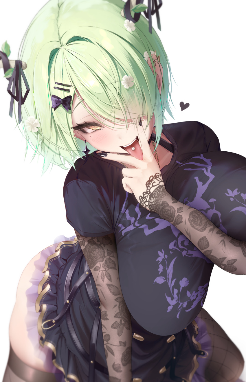 1girl absurdres arm_between_breasts between_breasts black_nails black_ribbon black_shirt black_skirt black_thighhighs breasts ceres_fauna ceres_fauna_(4th_costume) cunnilingus_gesture ear_bar ear_piercing english_commentary fingernails flower goth_fashion green_hair hair_branch hair_flower hair_intakes hair_ornament hair_over_one_eye highres hololive hololive_english large_breasts layered_skirt long_sleeves looking_at_viewer nail_polish official_alternate_costume official_alternate_hairstyle piercing prab print_shirt ribbon shirt short_hair simple_background skindentation skirt solo teeth thighhighs tongue tongue_out tongue_piercing unaligned_breasts upper_teeth_only v_over_mouth virtual_youtuber white_background yellow_eyes