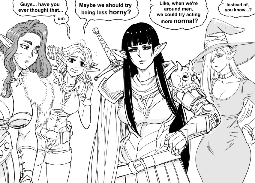 4girls absurdres ahoge armor arrow_(projectile) bb_(baalbuddy) black_hair blonde_hair breasts brown_hair cleavage coat disappointed elf english_text fur_coat highres long_hair looking_at_viewer multiple_girls original pointy_ears quiver scabbard sheath sheathed shoulder_armor skull sword weapon