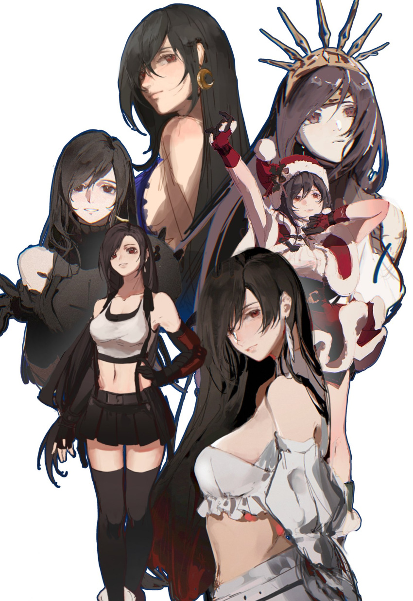 black_hair black_skirt black_thighhighs breasts brown_hair christmas crescent crescent_earrings crop_top earrings final_fantasy final_fantasy_vii final_fantasy_vii_remake from_side gold_earrings hand_on_own_hip hat highres jewelry kojimarie long_hair looking_at_viewer midriff miniskirt mistletoe multiple_persona red_eyes santa_hat shirt sideboob simple_background skirt sleeveless sleeveless_shirt straight_hair suspenders tank_top thighhighs tifa_lockhart tifa_lockhart_(fairy_of_the_holy_flame) tifa_lockhart_(refined_dress) white_background zettai_ryouiki