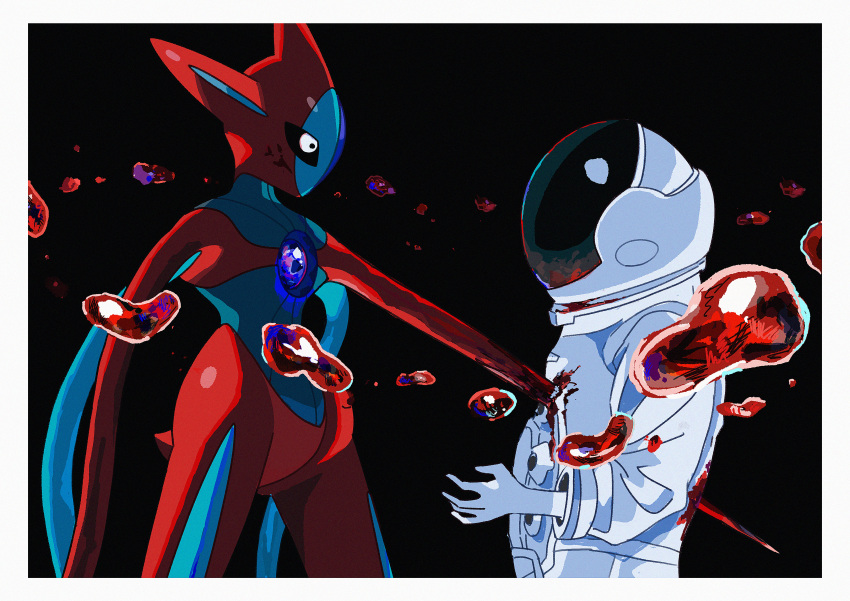 absurdres black_background black_eyes blood blood_drop border colored_skin commentary_request deoxys deoxys_(attack) from_side helmet highres looking_at_another pokemon pokemon_(creature) saiku_(zvlku) space_helmet spacesuit stab white_border white_skin