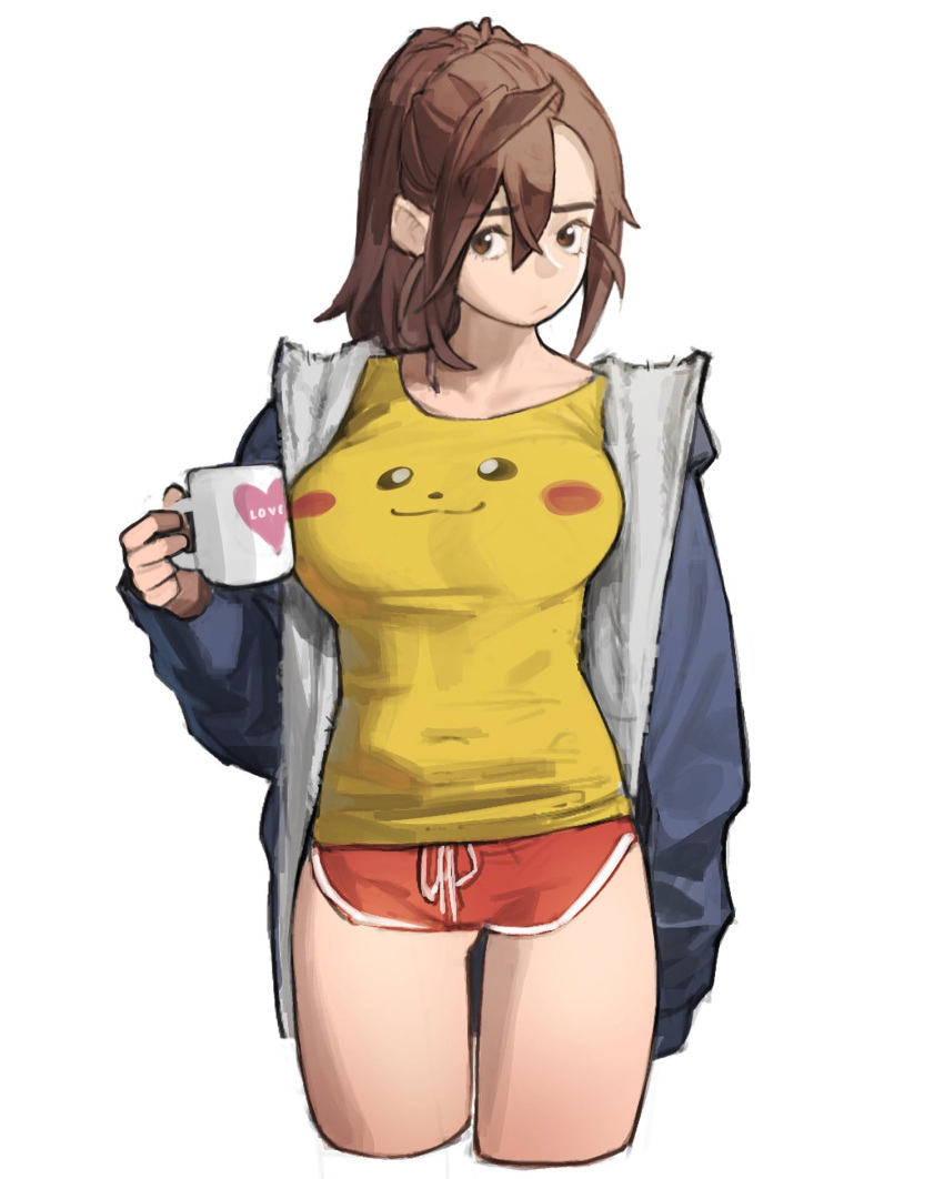 1girl breasts brown_hair character_print cropped_legs cup english_commentary hand_up highres holding holding_cup jacket large_breasts long_hair long_sleeves looking_at_viewer open_clothes open_jacket original pikachu pikachu_print pokemon ponytail red_shorts shirt shorts simple_background solo sweetcassava white_background yellow_shirt