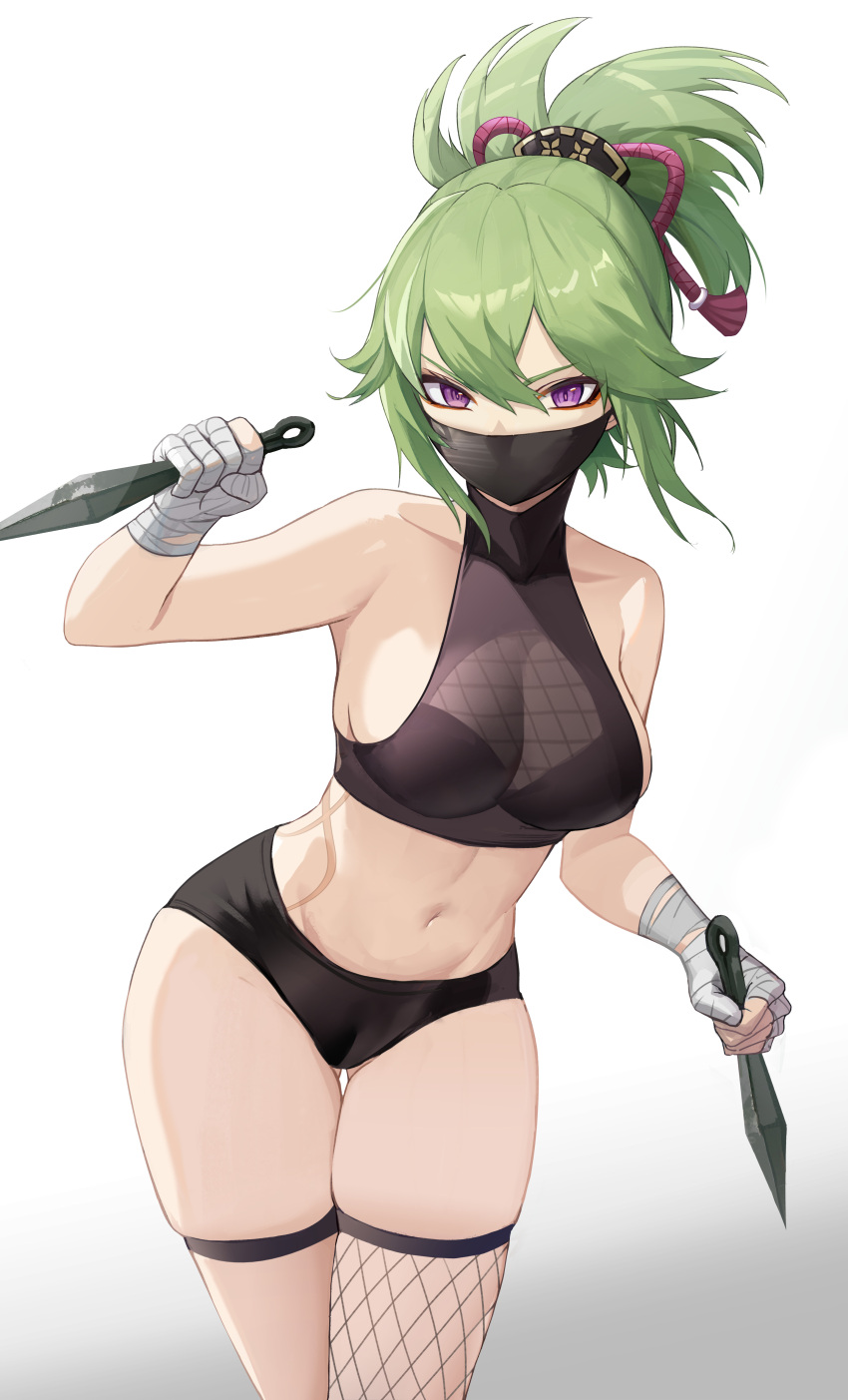 1girl absurdres arm_up ass_visible_through_thighs bandages bare_shoulders breasts cameltoe cbmus clothing_cutout fishnet_thighhighs fishnet_top fishnets genshin_impact green_hair hair_ornament halterneck highres holding holding_weapon kuki_shinobu kunai mask midriff mouth_mask navel ninja purple_eyes see-through shuriken simple_background single_fishnet_legwear skindentation sleeveless solo thick_thighs thigh_gap thigh_strap thighhighs thighs weapon white_background