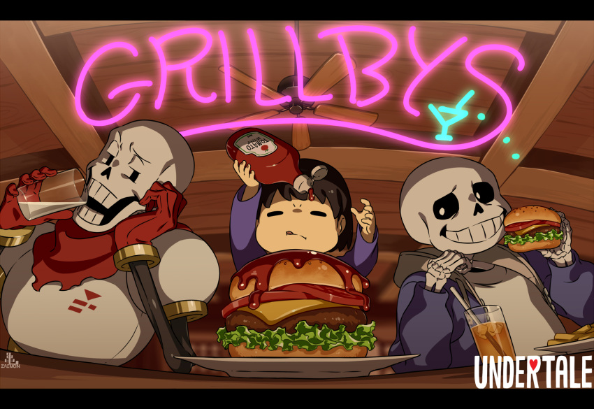 1other 2boys :q =_= androgynous arms_up bottle brown_hair burger cape ceiling_fan cel_shading commentary_request copyright_name cup drinking drinking_glass drinking_straw elbow_rest facing_viewer food frisk_(undertale) from_below gloves grin head_on_hand highres holding holding_bottle holding_cup holding_food hood hood_down hooded_jacket indoors jacket kamezaemon ketchup_bottle letterboxed looking_at_another male_focus multiple_boys neon_sign open_mouth papyrus_(undertale) plate purple_jacket purple_shirt red_cape red_gloves restaurant sans shirt short_hair skeleton smile teeth tongue tongue_out torn_cape torn_clothes undertale upper_body