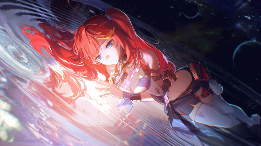 1girl absurdres bare_shoulders black_skirt blue_eyes commentary crop_top different_reflection highres honkai_(series) honkai_impact_3rd long_hair lying midriff on_side red_hair reflection ripples second-party_source senadina_(honkai_impact) skirt thighhighs water white_thighhighs yurayura_(mdeh5447)