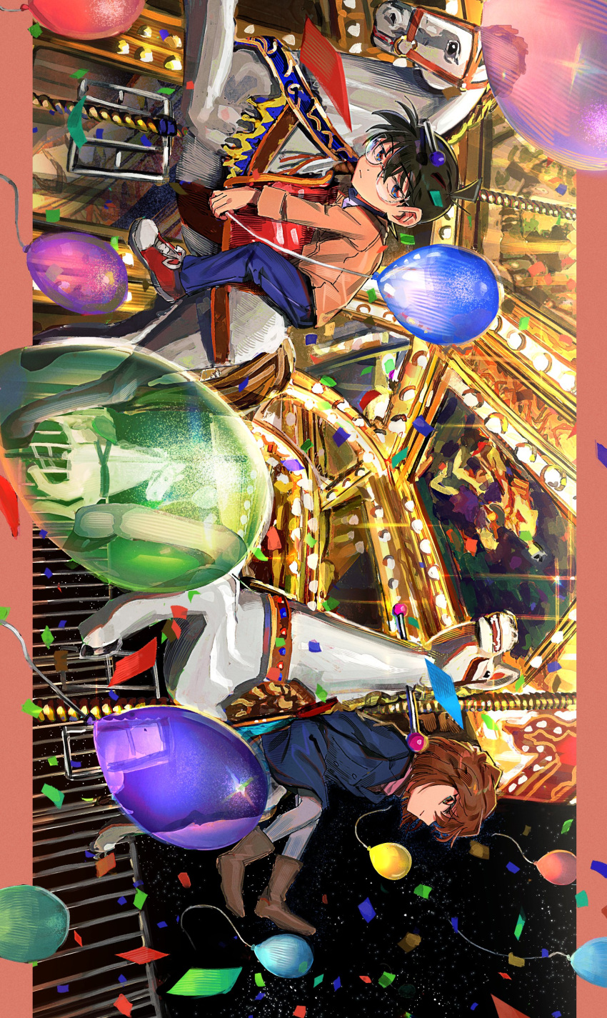 1boy 1girl absurdres amusement_park balloon black-framed_eyewear blue_eyes brown_hair carousel child edogawa_conan glasses haibara_ai highres horse horseback_riding jitome light_smile long_sleeves looking_at_viewer meitantei_conan profile riding segami shirt short_hair sideways sideways_glance white_horse