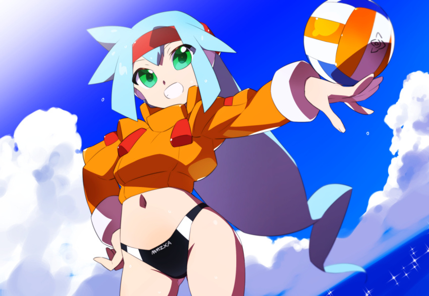 1girl alternate_costume alternate_hairstyle ashe_(mega_man) ball bikini bikini_bottom_only black_bikini blue_hair cloud commentary_request commission crop_top cropped_jacket green_eyes holding holding_ball jacket kaidou_zx long_hair mega_man_(series) mega_man_zx mega_man_zx_advent midriff navel ocean open_clothes open_fly orange_jacket pixiv_commission short_hair sky swimsuit variant_set volleyball_(object) water