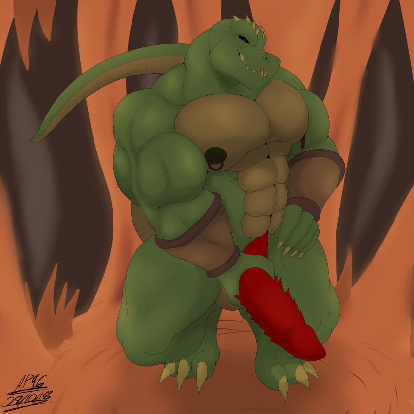 angrypotato96 anthro balls barbed_penis big_penis holding_penis huge_penis lizard male muscular muscular_male nipple_piercing nipples nude pecs penis piercing reptile scalie smile solo standing