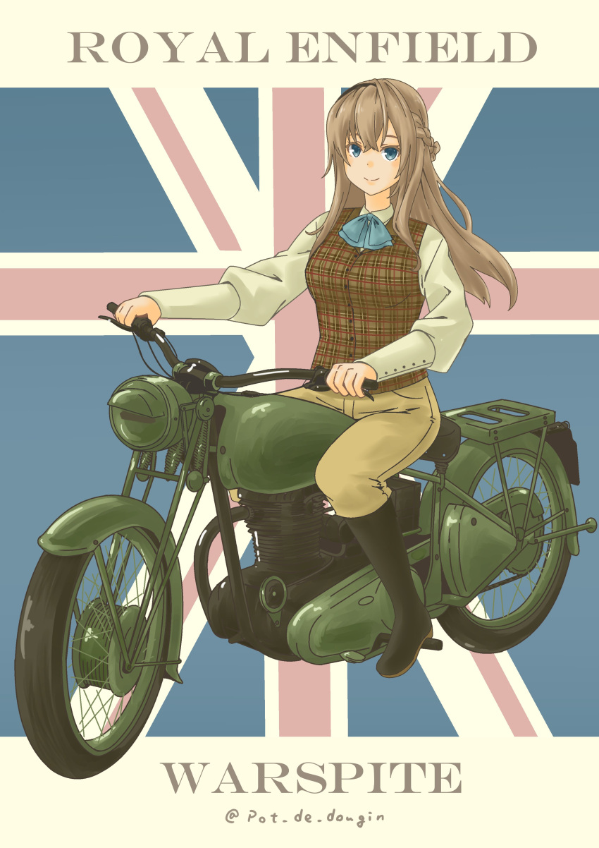 1girl absurdres alternate_costume ascot blonde_hair blue_eyes boots braid breasts collared_shirt england french_braid hair_between_eyes highres kantai_collection long_hair long_sleeves medium_breasts motor_vehicle motorcycle on_motorcycle pants pot-de riding shirt smile twitter_username union_jack united_kingdom vehicle_focus vest warspite_(kancolle) white_shirt