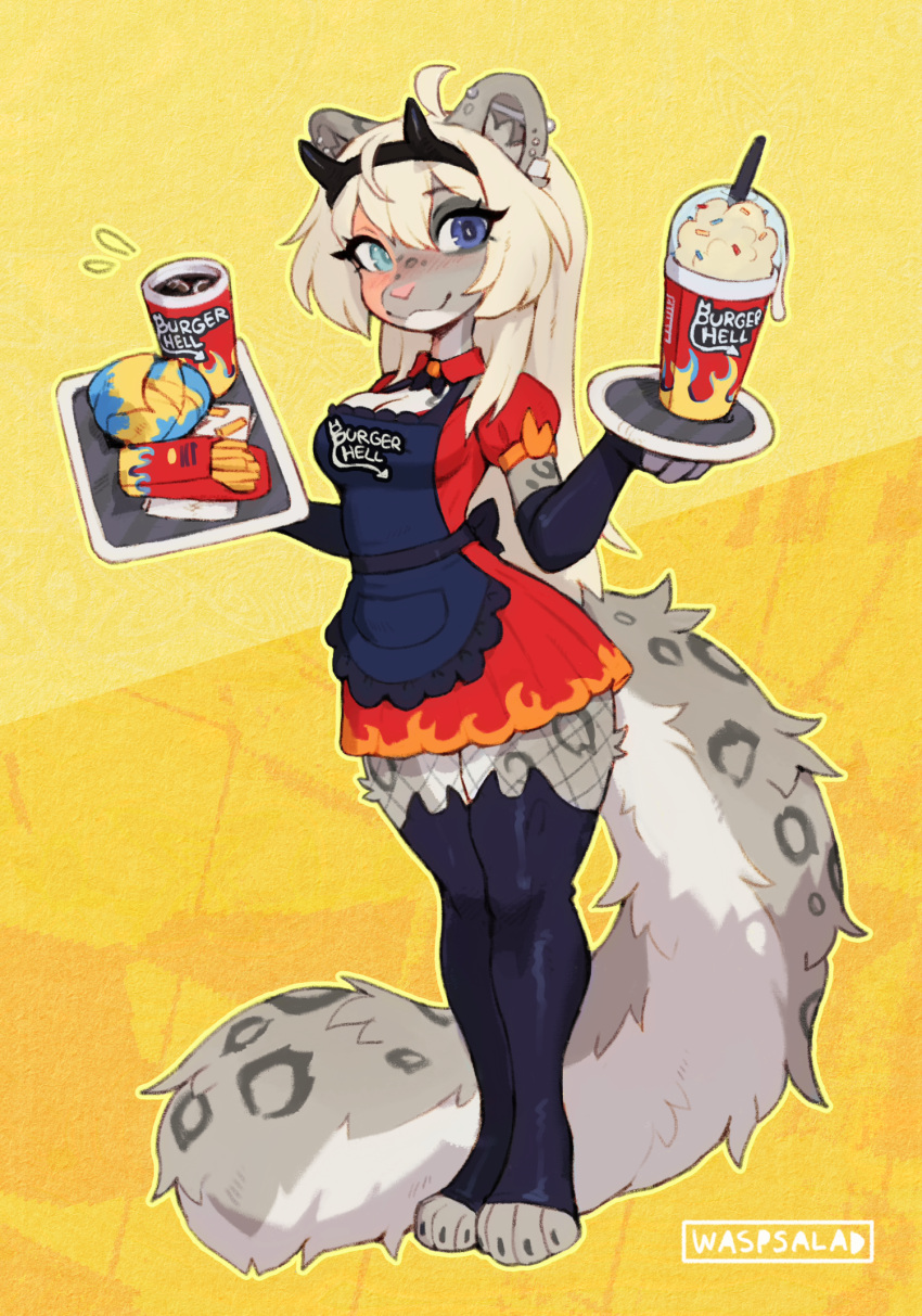 abstract_background anthro apron beverage blonde_hair bottomwear clothing costume ear_piercing fast_food fast_food_uniform felid female fishnet fluffy food footwear freckles_(nukepone) hair hi_res industrial_piercing legwear long_hair mammal milkshake pantherine paws piercing skirt snow_leopard solo thigh_highs toeless_footwear waspsalad