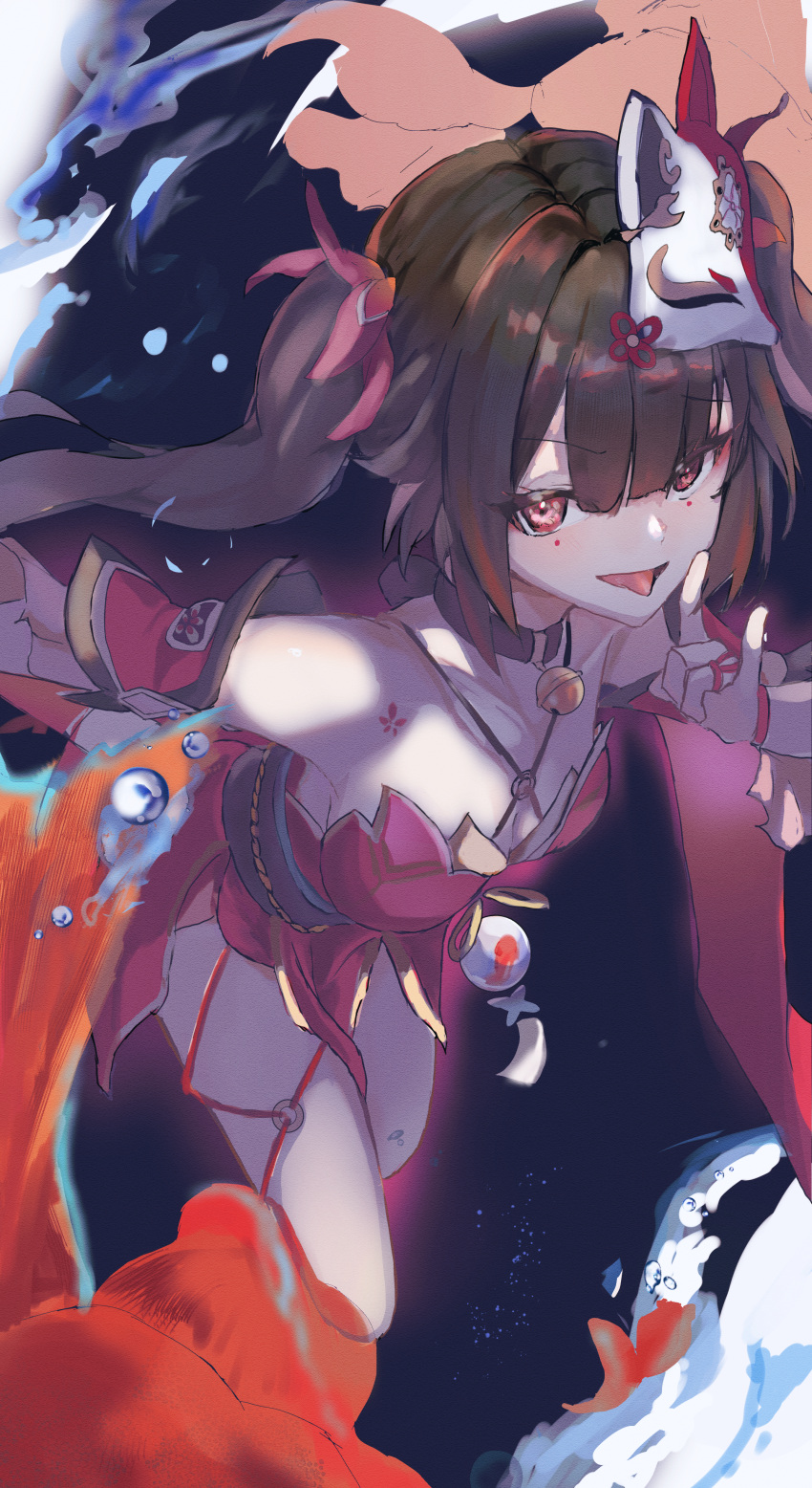 1girl :d absurdres bare_shoulders bell black_choker blush bow breasts brown_hair choker criss-cross_halter detached_sleeves dress eyeliner feet_out_of_frame fish floating_hair fox_mask fox_shadow_puppet hair_between_eyes hair_bow halterneck hand_up highres honkai:_star_rail honkai_(series) long_hair looking_at_viewer makeup mask mask_on_head medium_breasts natumusumeab neck_bell o-ring obi open_mouth pelvic_curtain pink_eyes red_bow red_dress red_eyeliner red_sleeves sash short_sleeves sidelocks sleeveless sleeveless_dress smile solo sparkle_(honkai:_star_rail) tongue tongue_out twintails