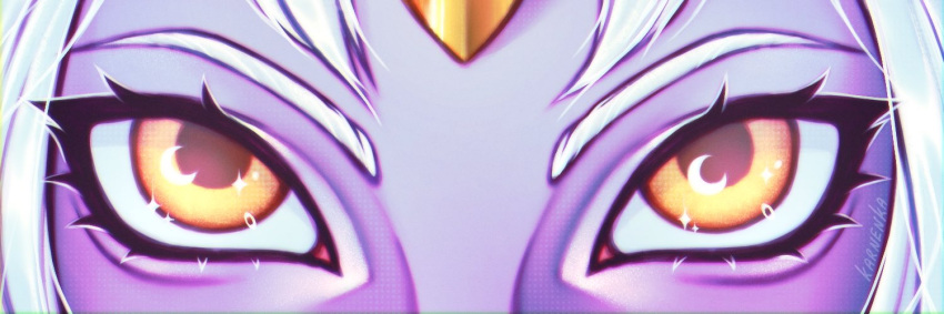 1girl artist_name close-up colored_skin crescent eye_focus eyelashes horns karnenka league_of_legends purple_skin signature single_horn solo soraka_(league_of_legends) sparkling_eyes white_hair yellow_eyes