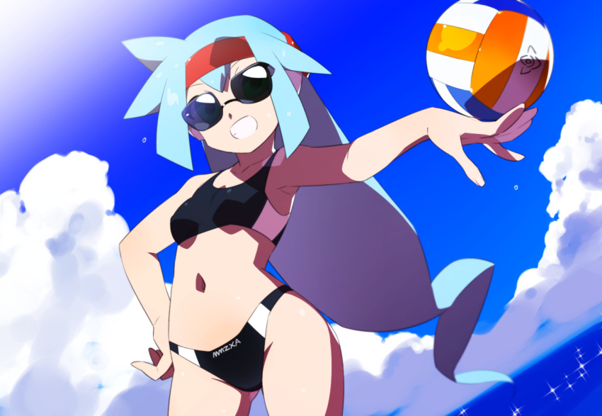 1girl alternate_costume alternate_hairstyle ashe_(mega_man) ball bikini black_bikini blue_hair breasts cloud commentary_request commission green_eyes holding holding_ball kaidou_zx long_hair mega_man_(series) mega_man_zx mega_man_zx_advent navel ocean open_clothes open_fly pixiv_commission short_hair sky small_breasts sports_bikini sunglasses swimsuit swimsuit_under_clothes variant_set volleyball_(object) water