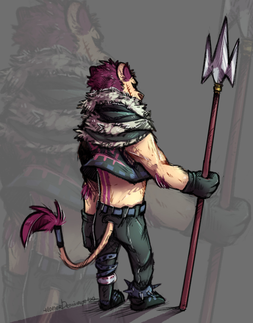 2020 anthro belt bottomwear clothing felid gloves handwear hi_res katakuri lion lonerdemiurge male mammal melee_weapon one_piece pantherine pants polearm scar solo spear weapon