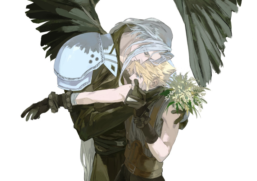 2boys arm_up armor asymmetrical_gloves bandaged_arm bandages belt black_coat black_gloves black_pants black_wings blonde_hair blue_eyes bouquet chest_strap clenched_teeth closed_eyes cloud_strife coat feathered_wings final_fantasy final_fantasy_vii flower gloves grey_hair hand_on_another's_cheek hand_on_another's_face hand_on_another's_shoulder hands_up head_on_head head_rest head_tilt high_collar highres hug leather_belt long_coat long_hair long_sleeves male_focus multiple_belts multiple_boys no_armor outstretched_arm pants parted_lips pauldrons sephiroth short_hair shoulder_armor simple_background single_wing smile suspenders teeth upper_body white_background white_flower wings xscr1205 yaoi