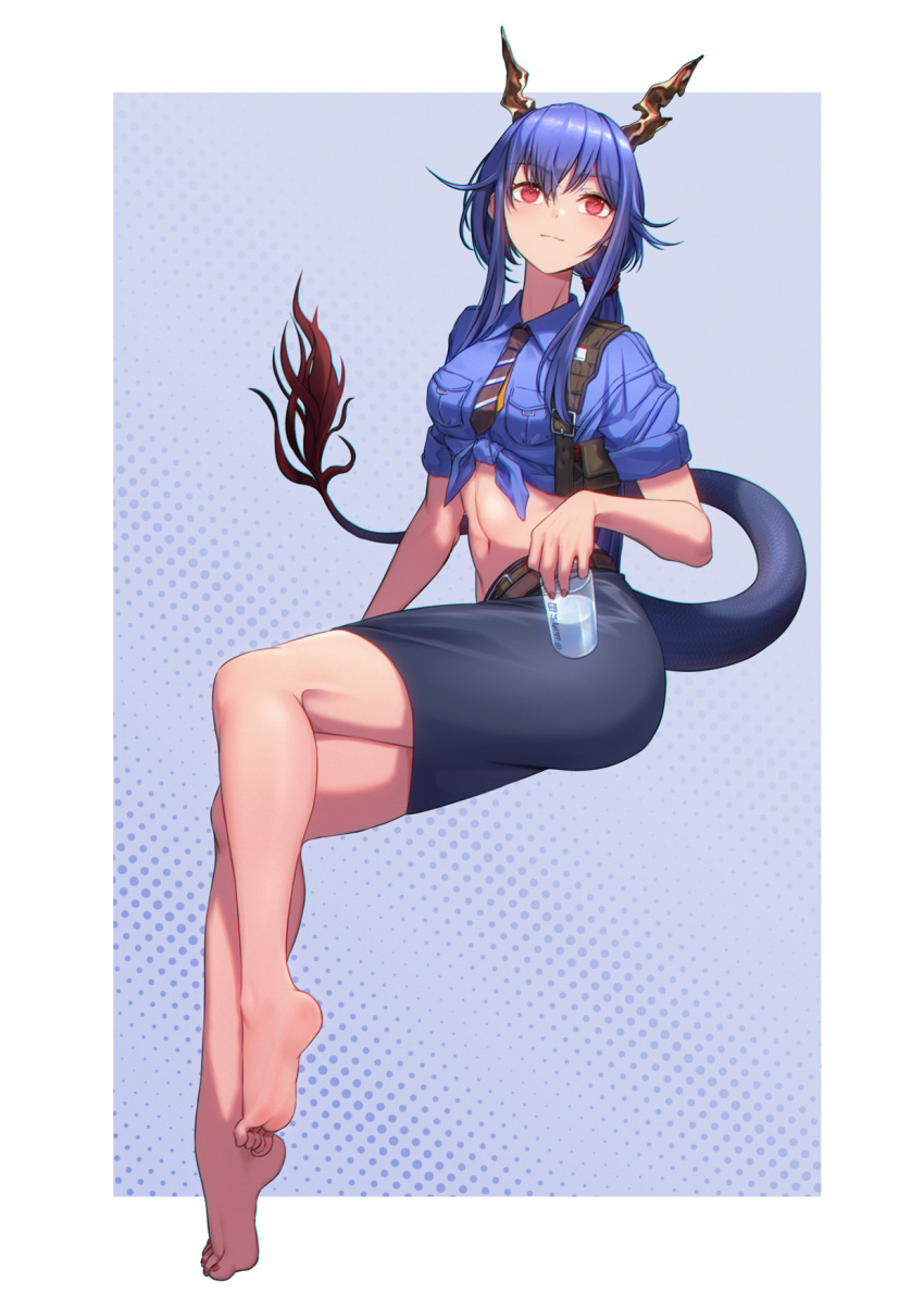 1girl arknights barefoot black_necktie black_skirt blue_hair blue_shirt breasts ch'en_(after_storm)_(arknights) ch'en_(arknights) commentary_request crop_top cup dragon_horns dragon_tail drinking_glass highres holding holding_cup horns long_hair looking_at_viewer medium_breasts midriff miniskirt navel necktie official_alternate_costume red_eyes shirt short_sleeves sitting skirt solo stomach tail tied_shirt yamauchi_(conan-comy)